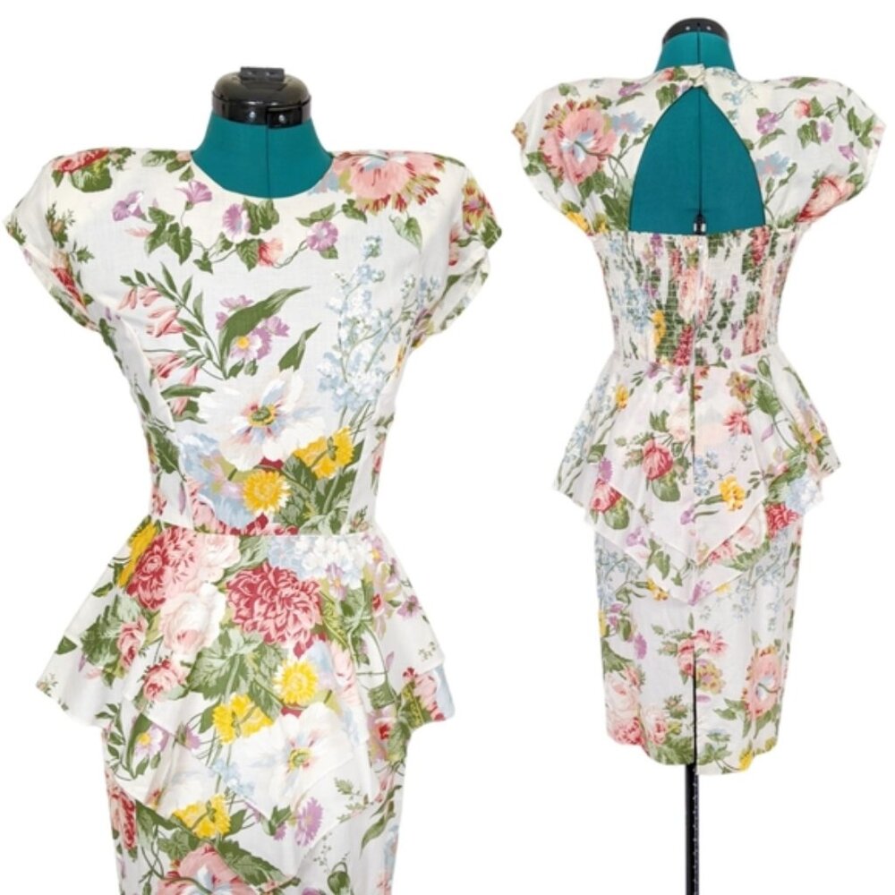 1980s NWT Open Back Dress Vintage Wiggle Peplum New with Tags Floral White Retro